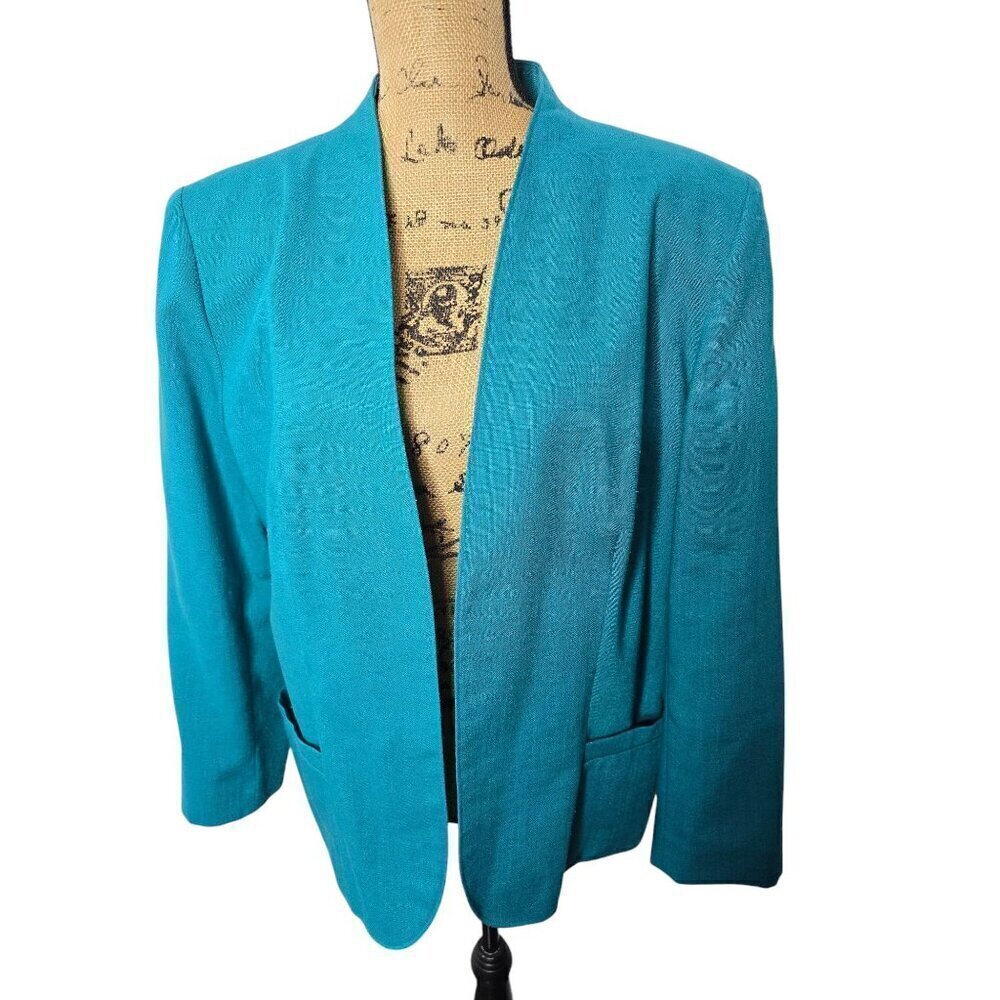 Vintage Blue Open Front Linen Blend Career Blazer